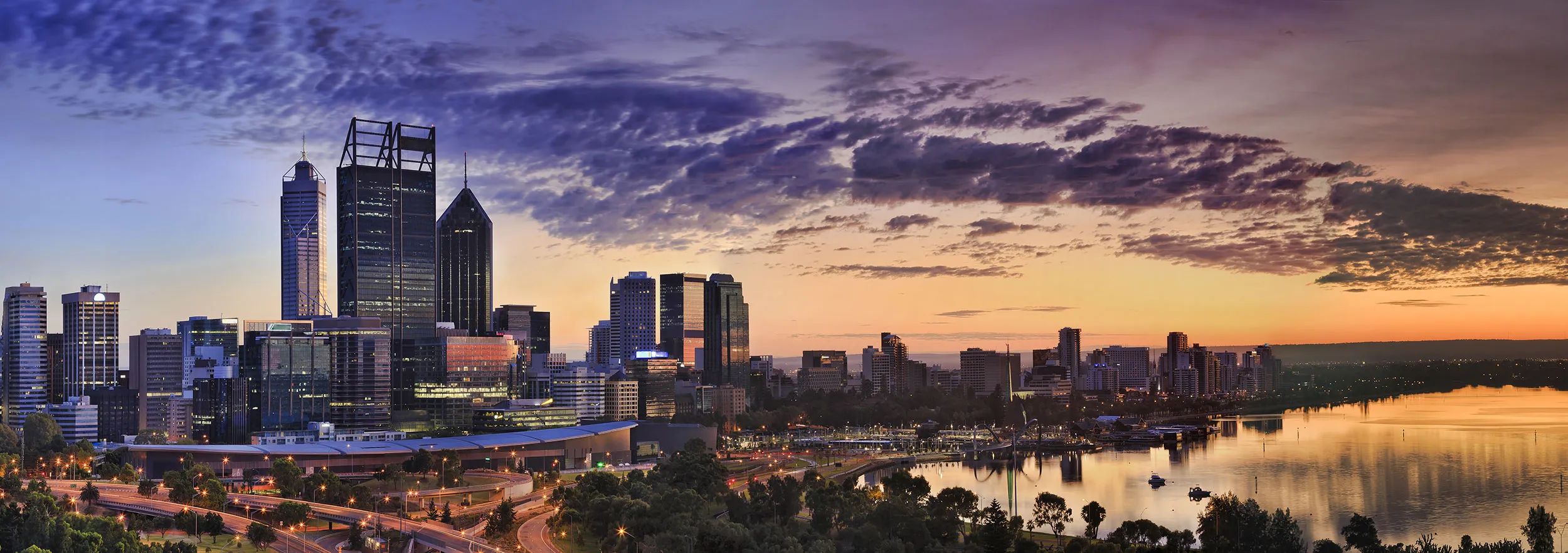 Financial district skyline at dusk